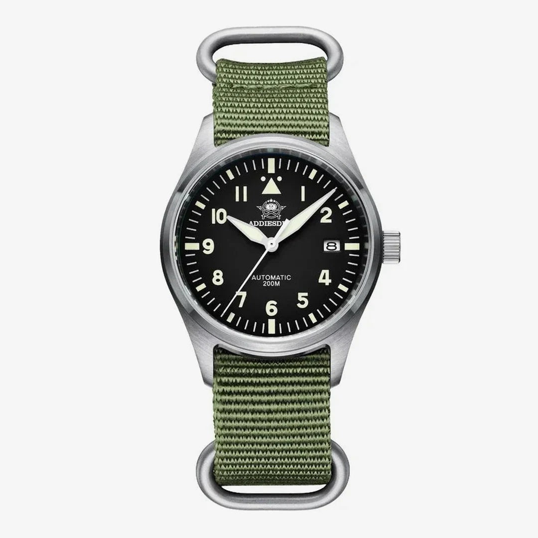 Vanefield Automatic 200M in black with the green NATO strap