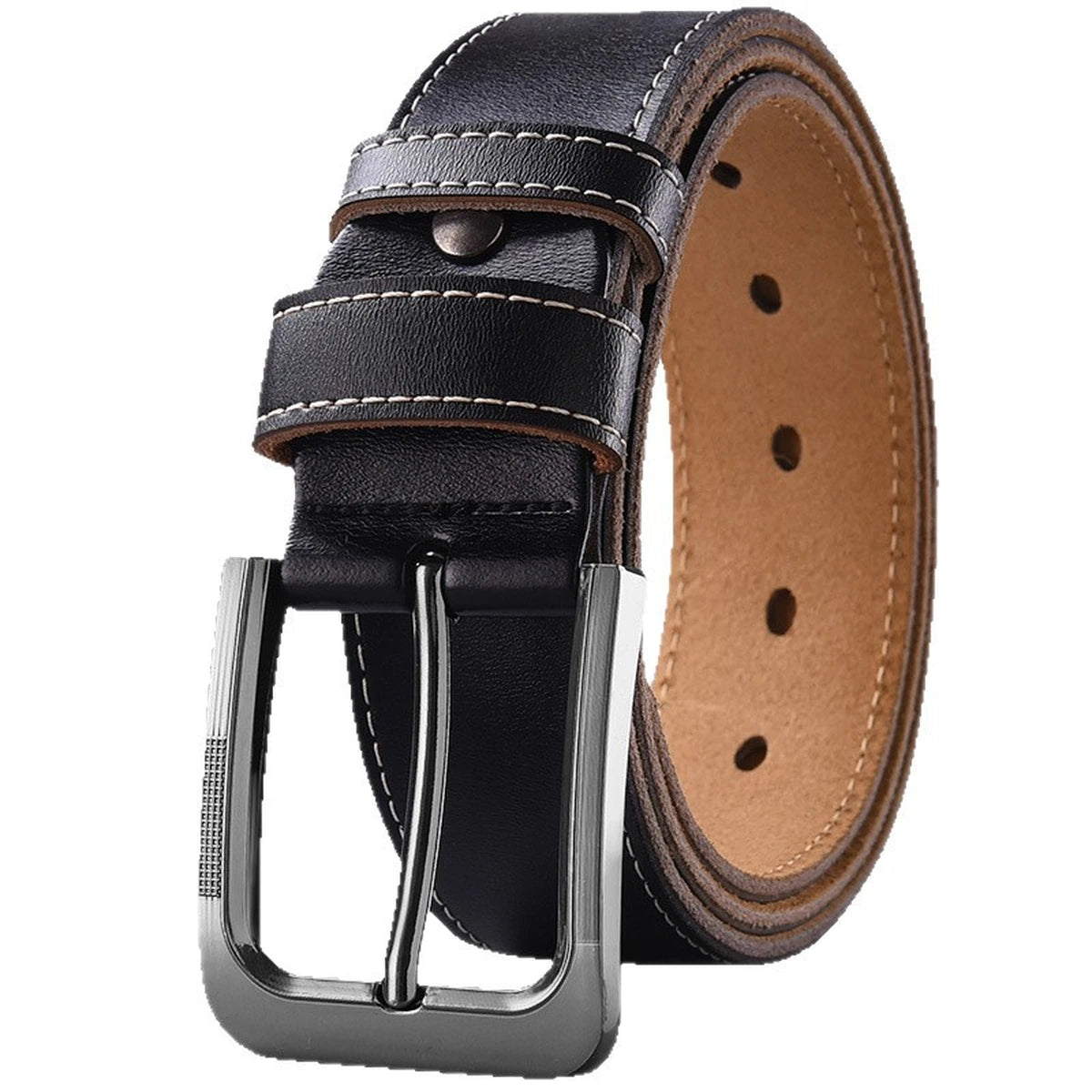 Vanefield leather belt in black with the pin buckle, front view