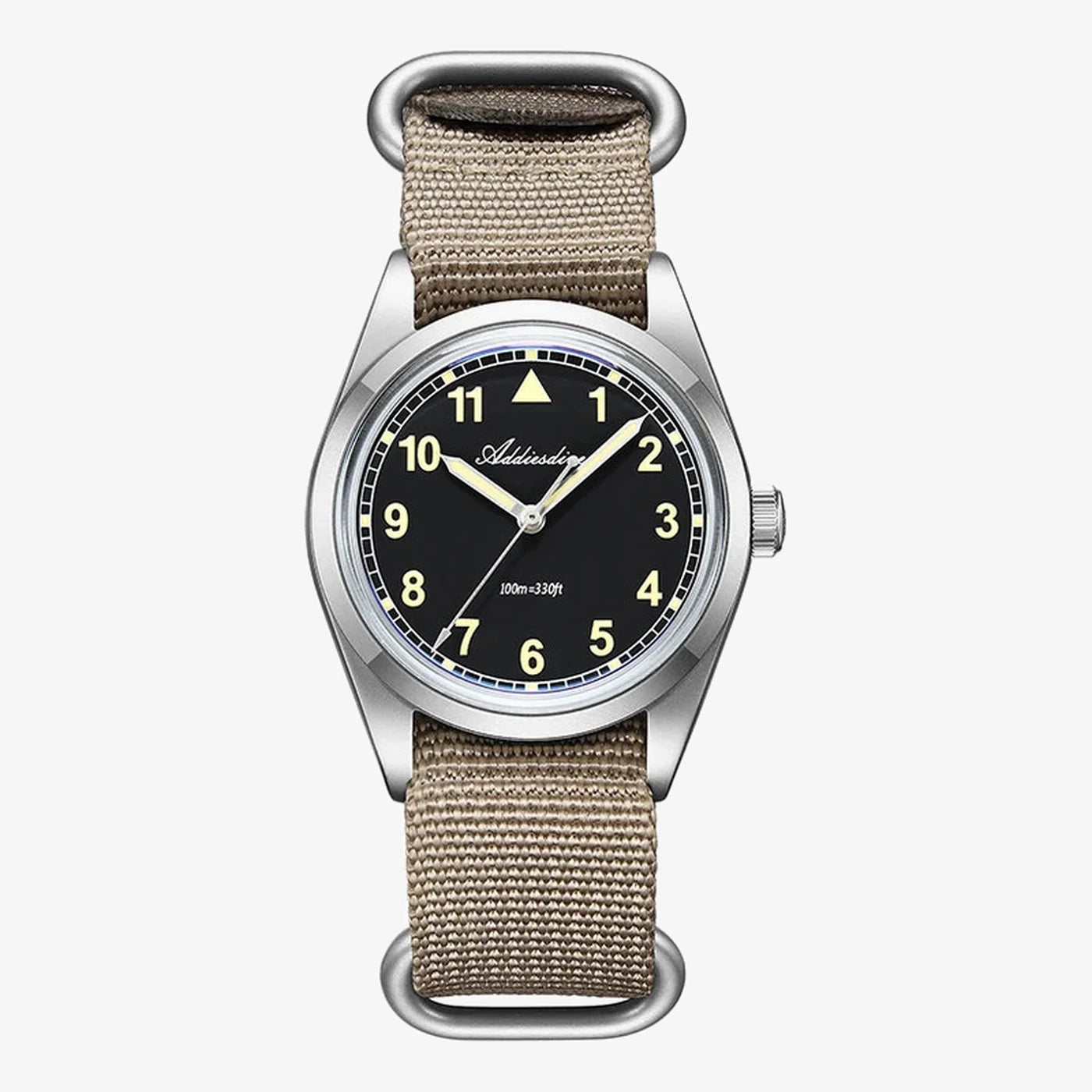 Vanefield Field Watch 38 Dune, front view with the khaki NATO strap