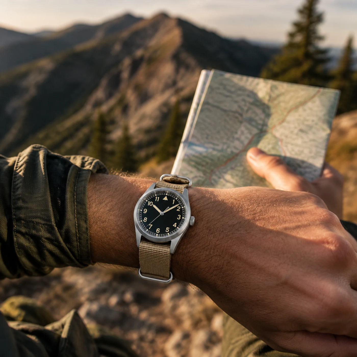Vanefield Field Watch 38 on the wrist during a mountain hike