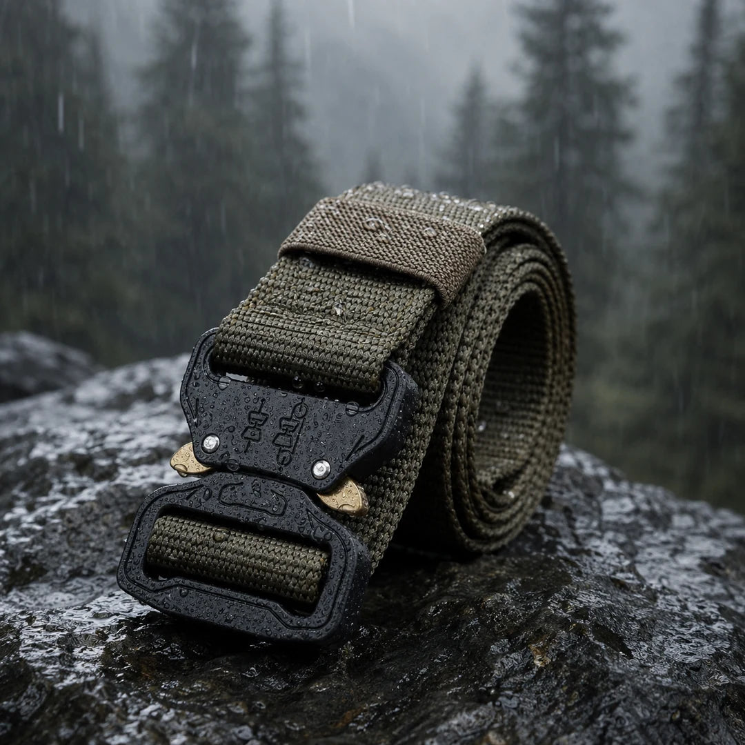 Vanefield tactical belt in green on a wet rock in the rain