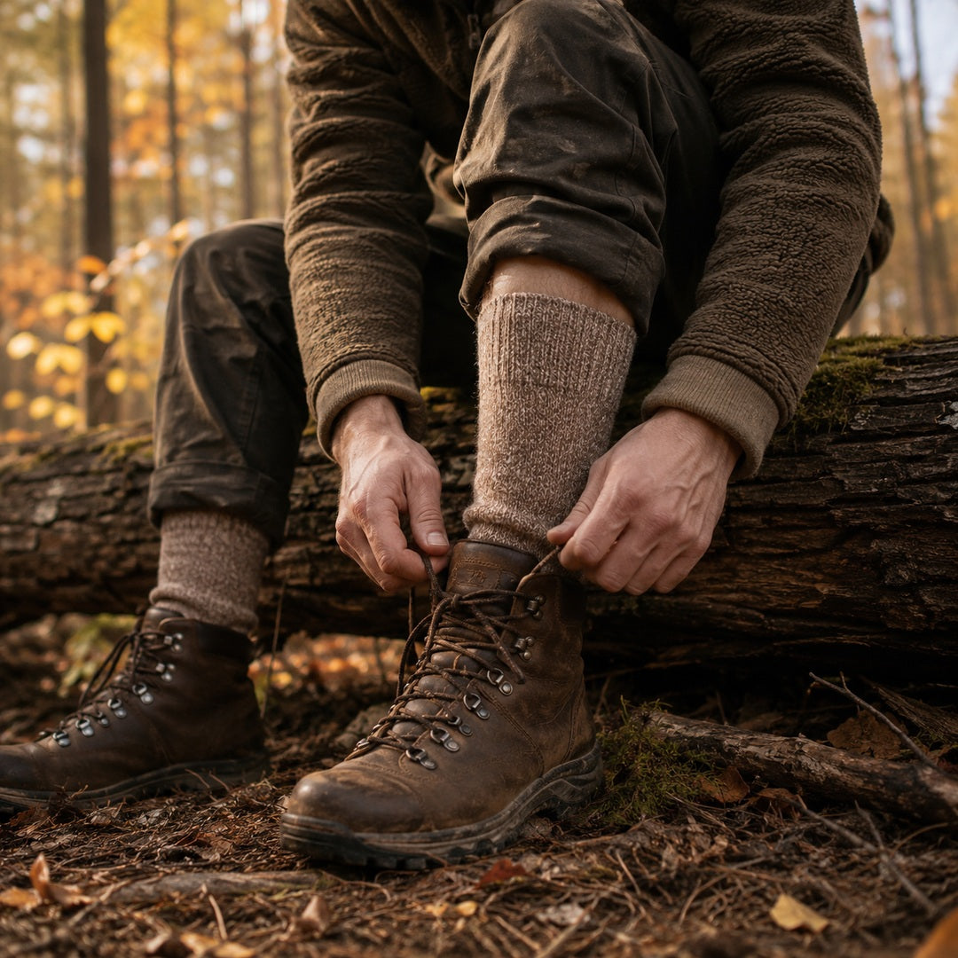 Hiker lacing a leather boot on a fallen log, knitted wool sock above the collar