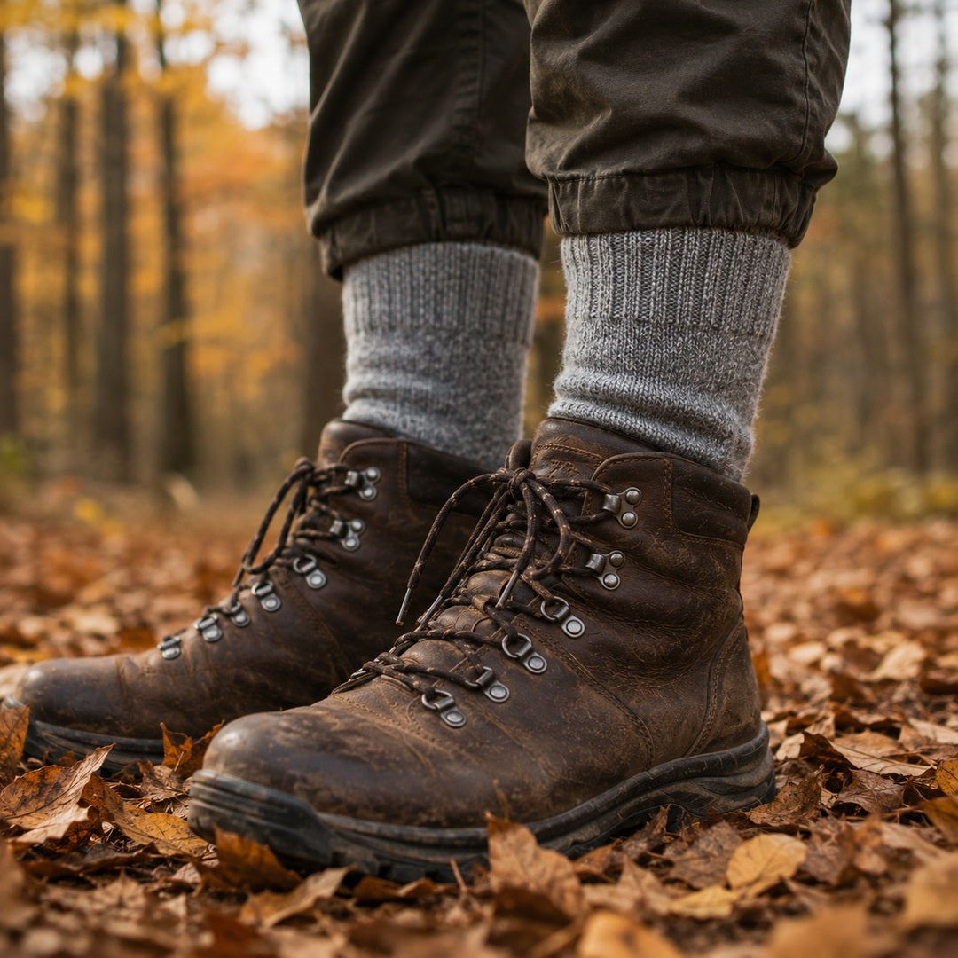 Knitted wool socks worn over hiking boots on a forest floor of dry autumn leaves