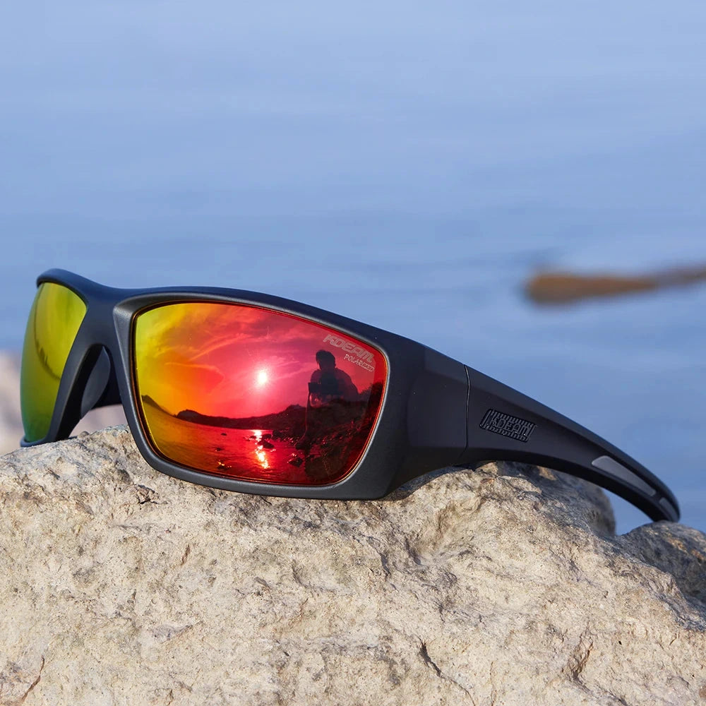 Vanefield polarized sunglasses with red mirrored lenses, by the water