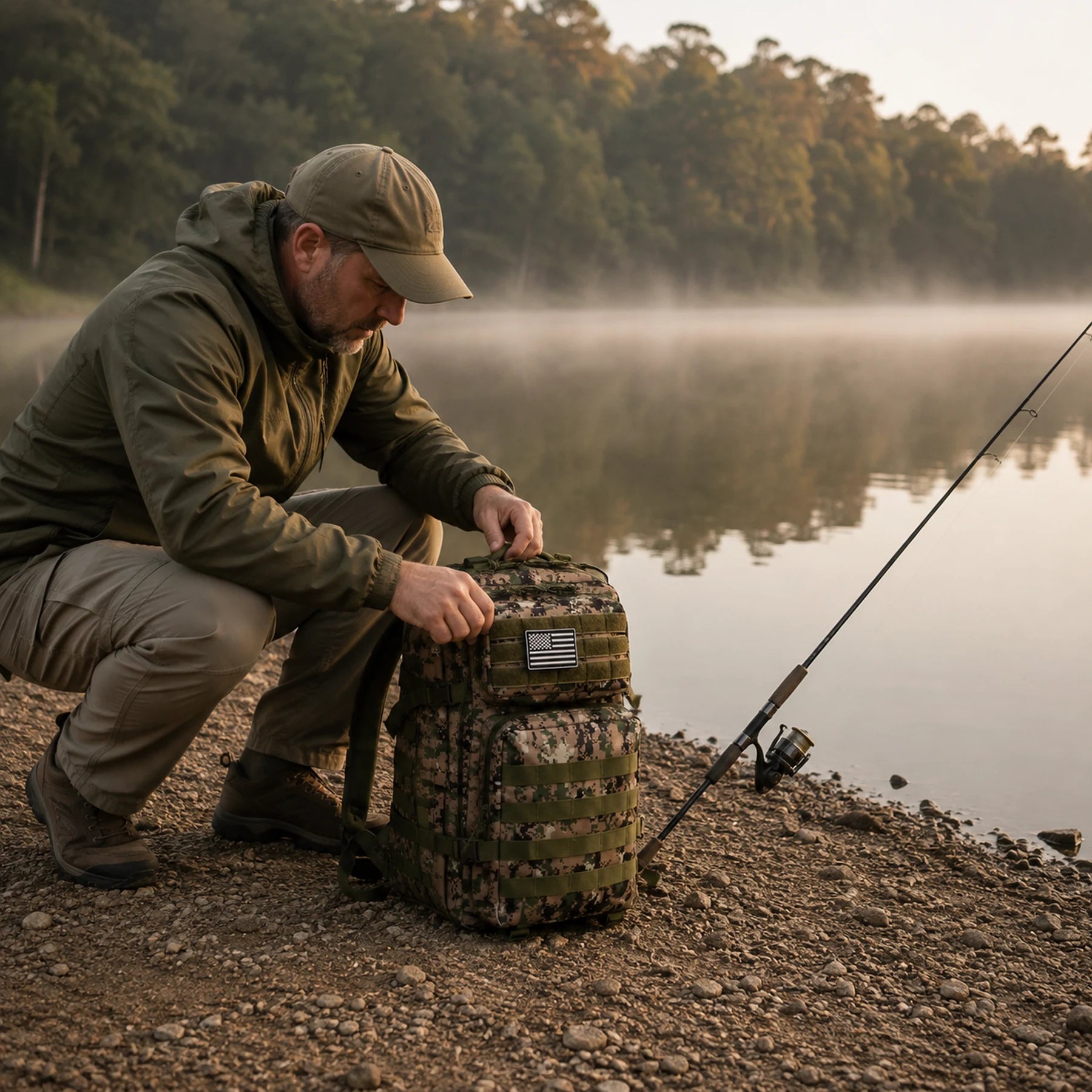 Tactical backpack on the gravel shore of a misty lake at dawn, next to a fishing rod