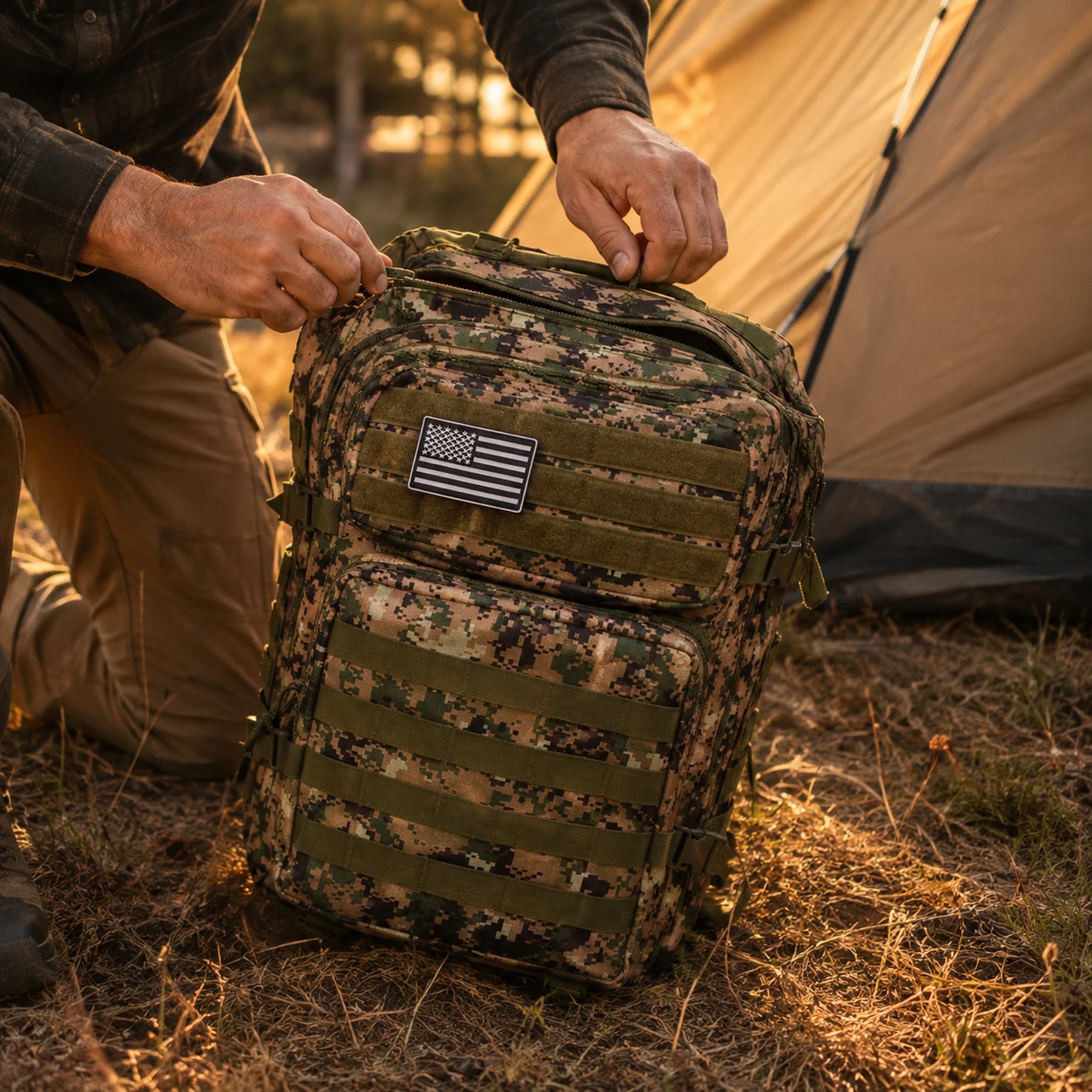 Hands opening the main compartment of the tactical backpack beside a tent at dusk