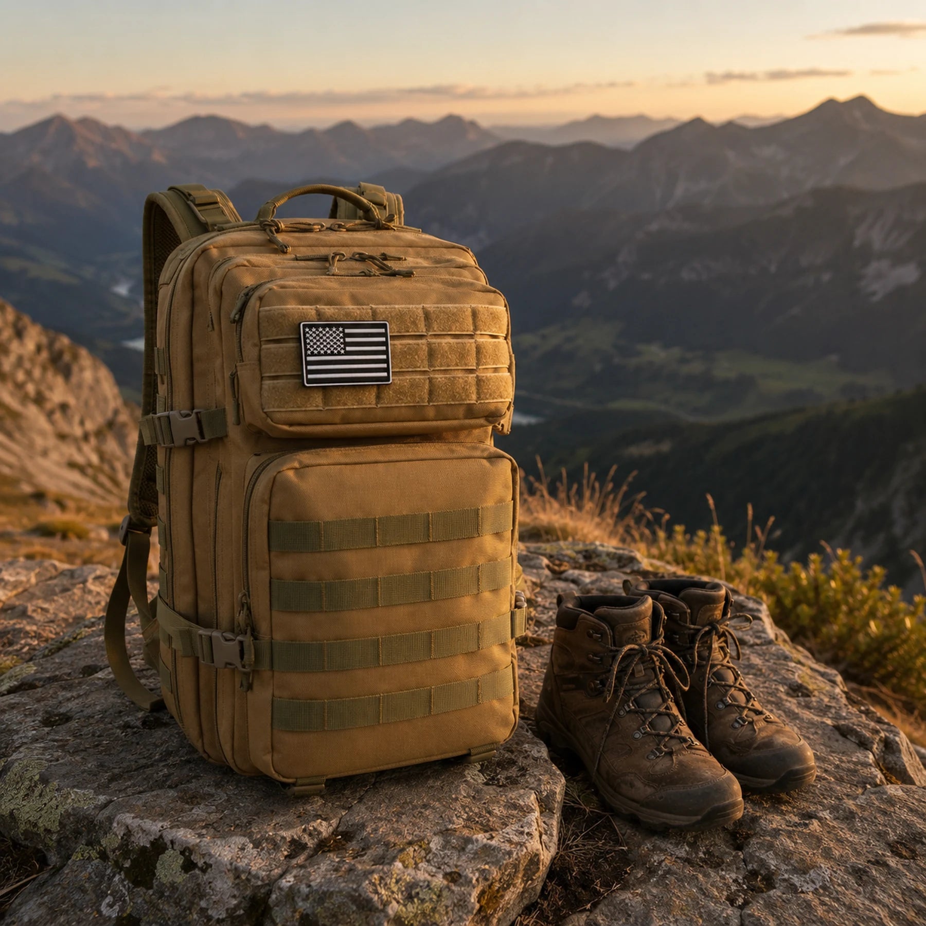 Khaki tactical backpack and hiking boots on a rock at a mountain summit