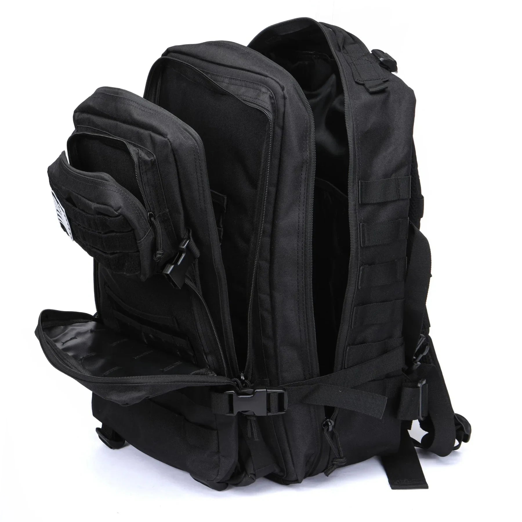 Tactical backpack opened, showing the main and secondary compartments