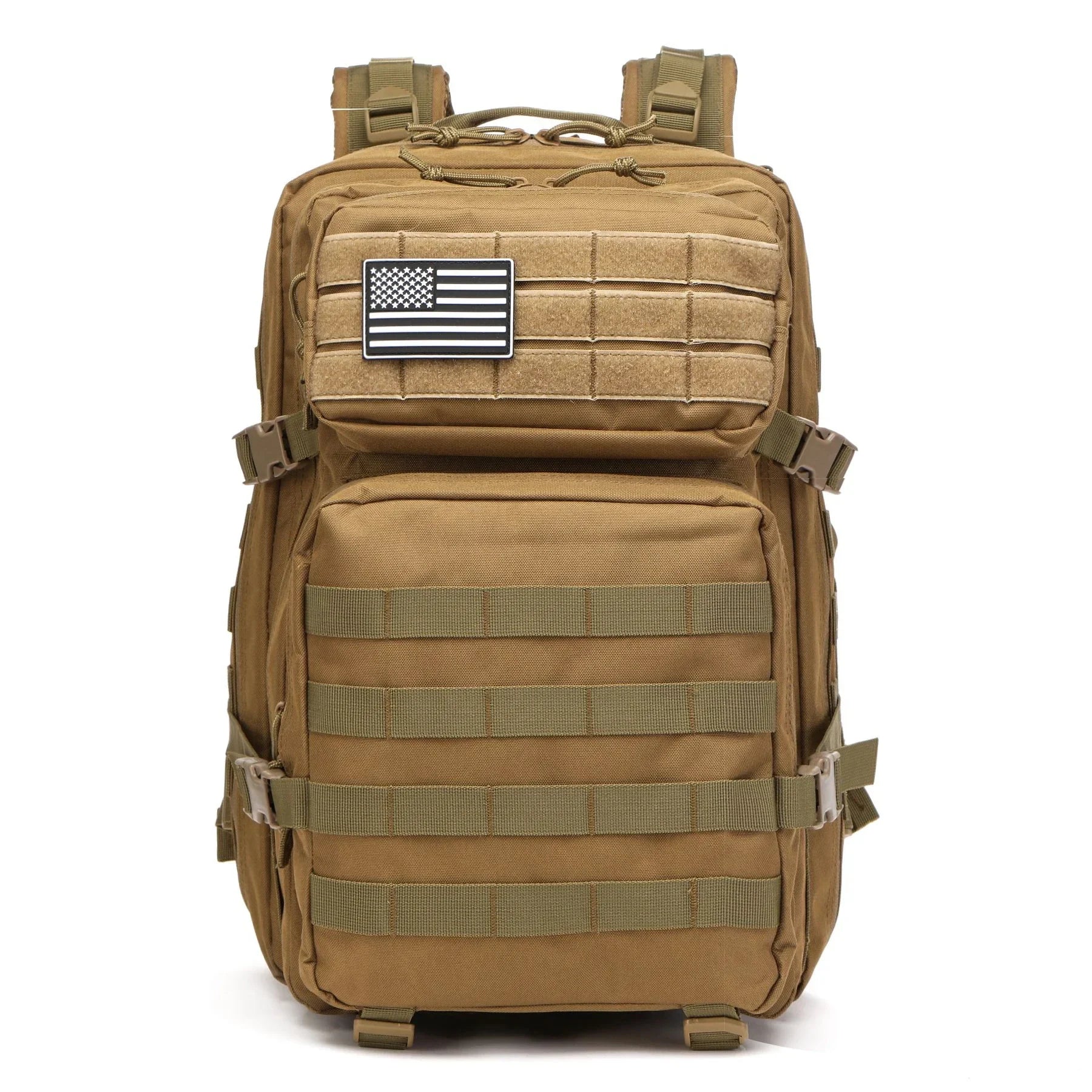Khaki tactical backpack, front view on a plain background