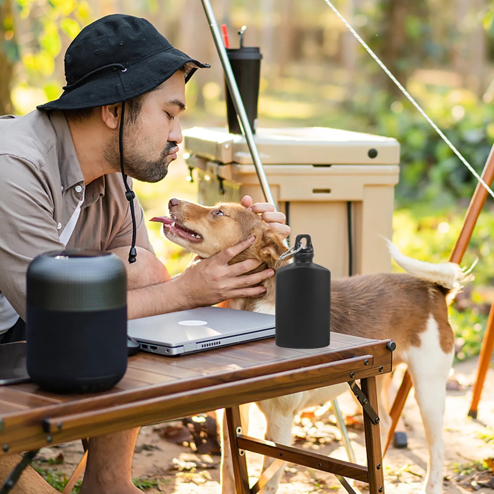 Vanefield Trail Bottle on a camp table next to a dog