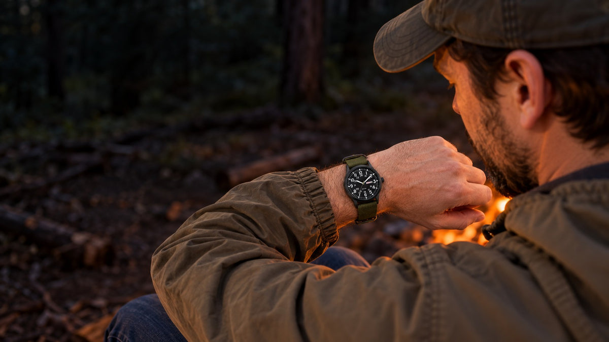 Vanefield field watch checked at a campfire at dusk