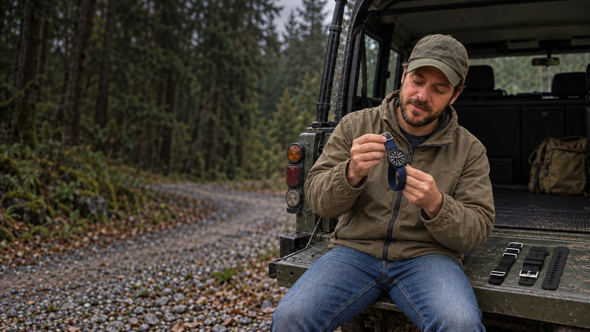 Vanefield watch straps on a field vehicle tailgate