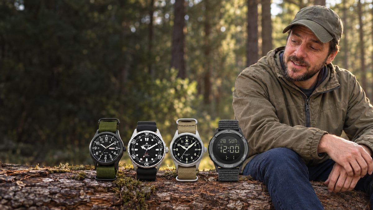 Vanefield watches lined up on a fallen log in a pine forest