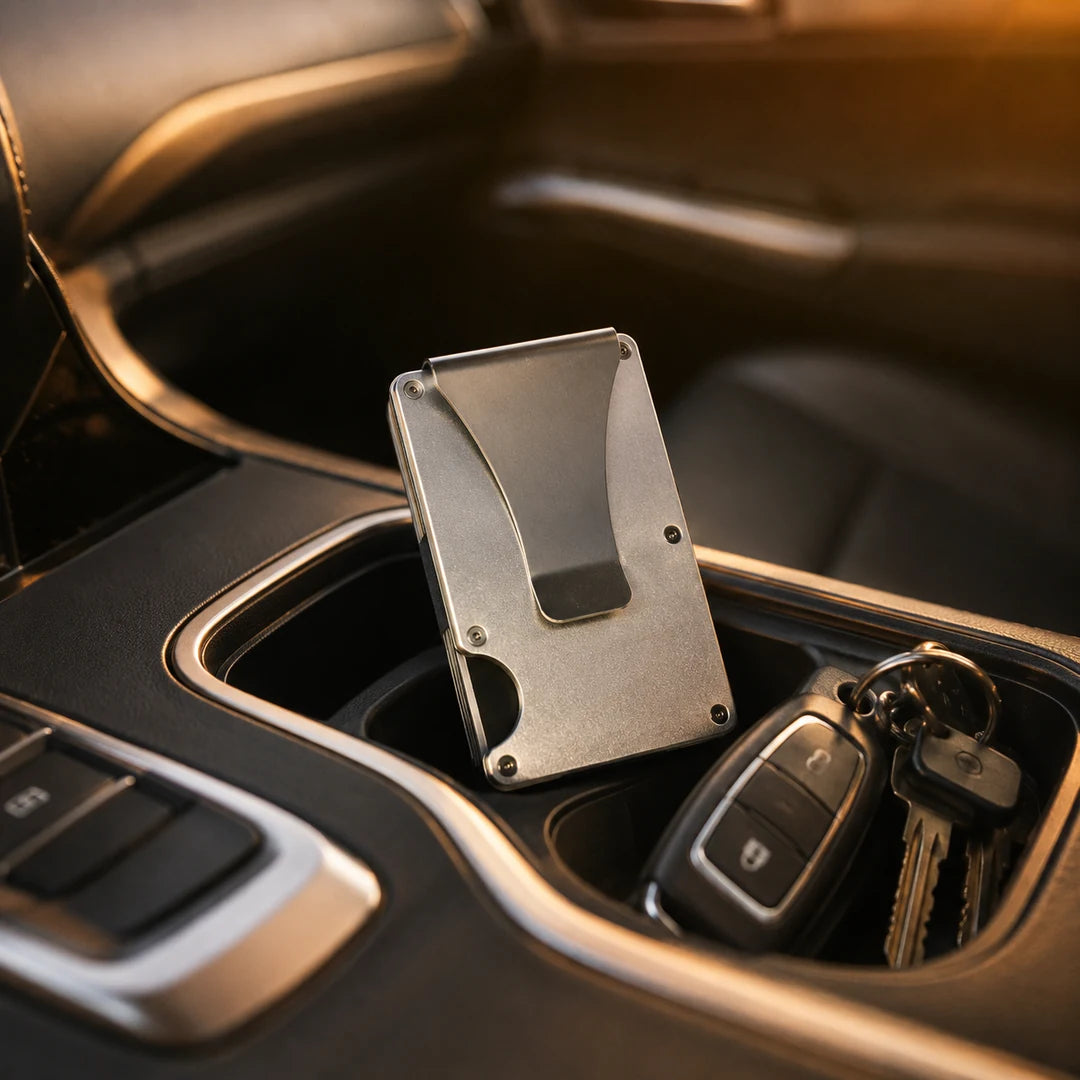 Titan Wallet in a car cup holder