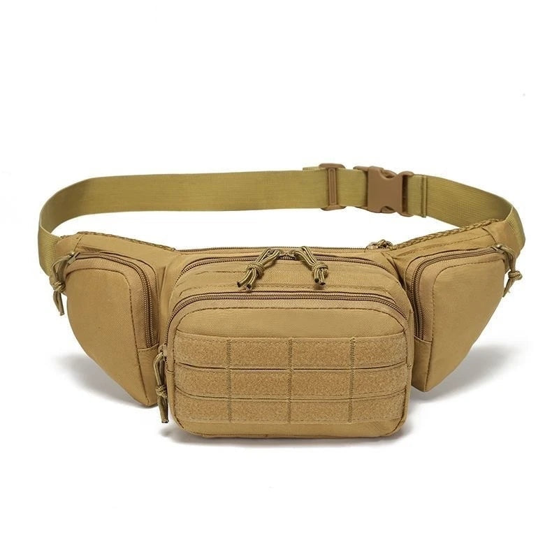 Vanefield waist bag in khaki, front view with the strap extended