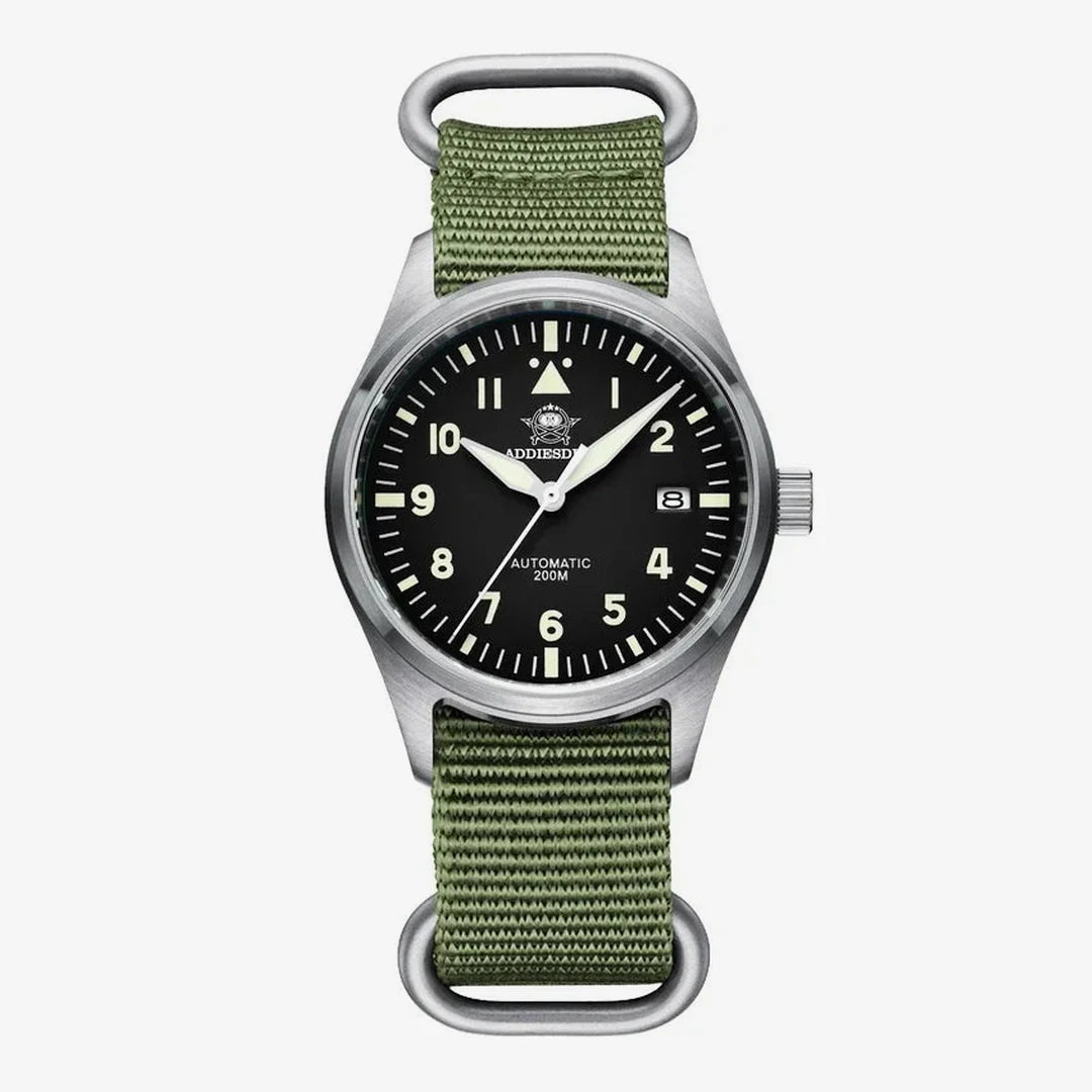 Vanefield Automatic 200M in black with the green NATO strap