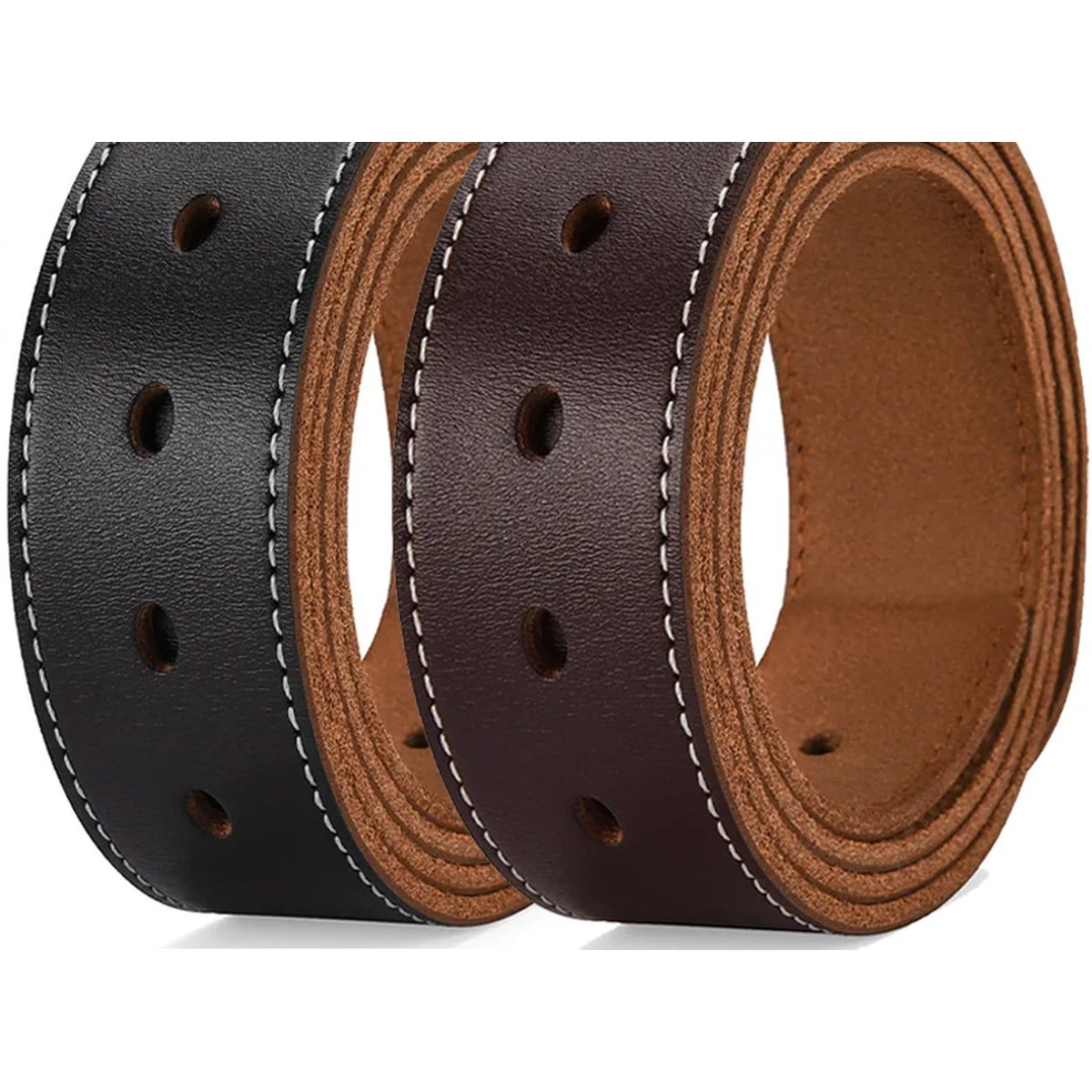 Vanefield leather belt in black and brown, coiled side by side