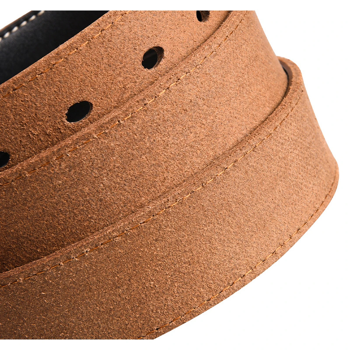 Close-up of the suede back and stitching of the Vanefield leather belt
