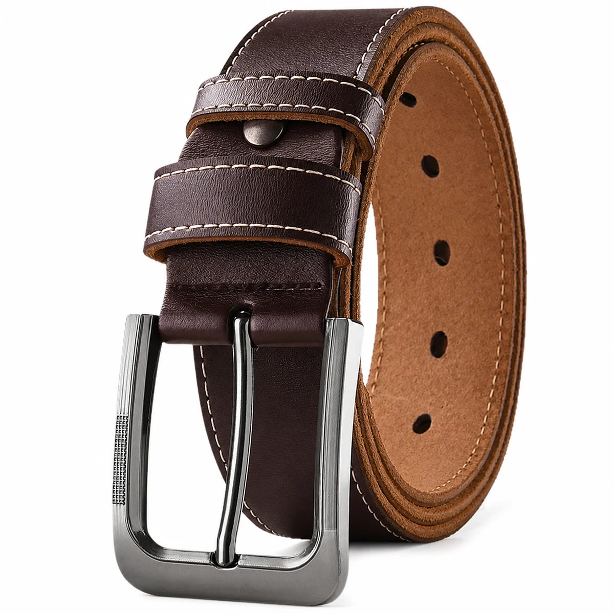 Vanefield leather belt in brown with the pin buckle, front view