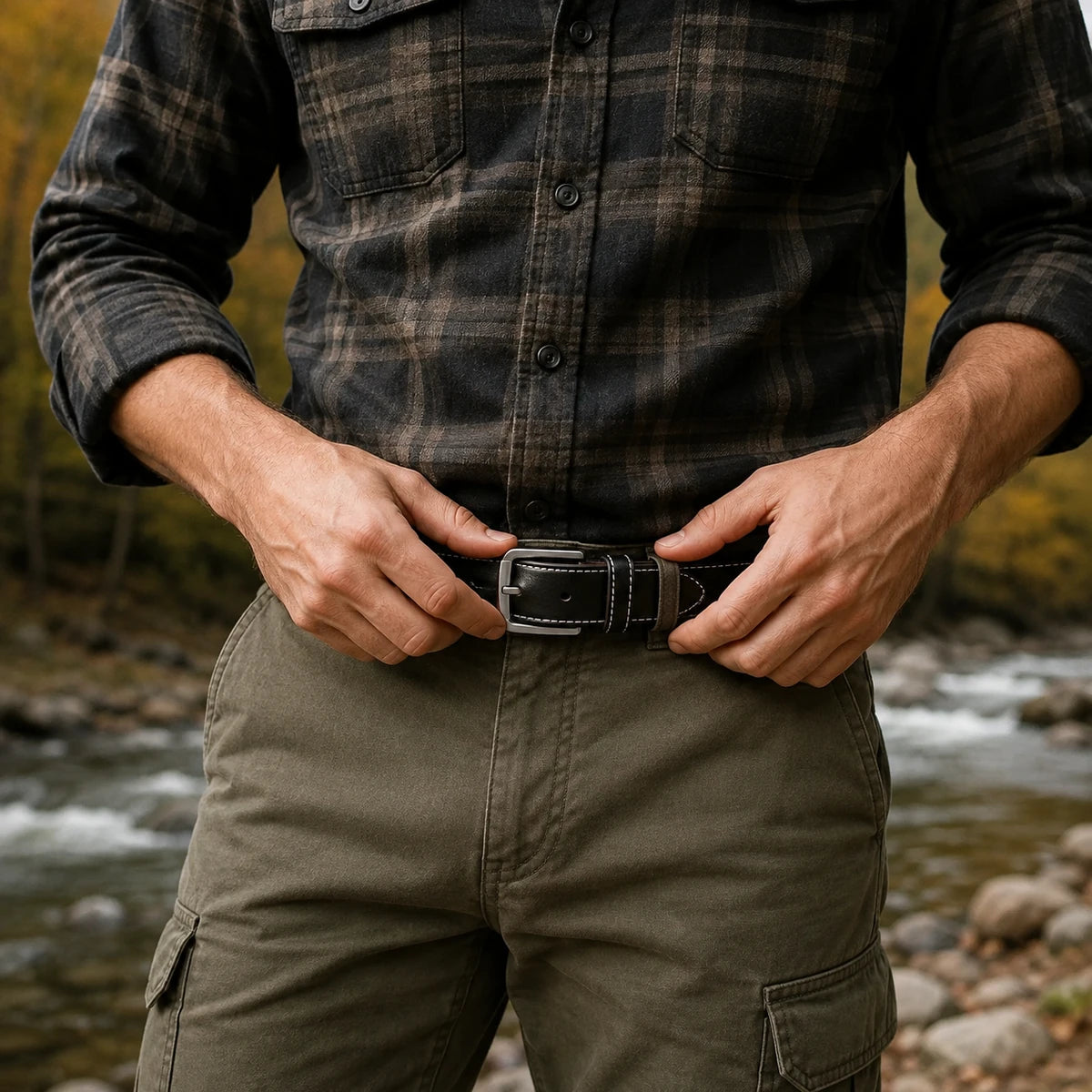 Man fastening the Vanefield leather belt outdoors by a river