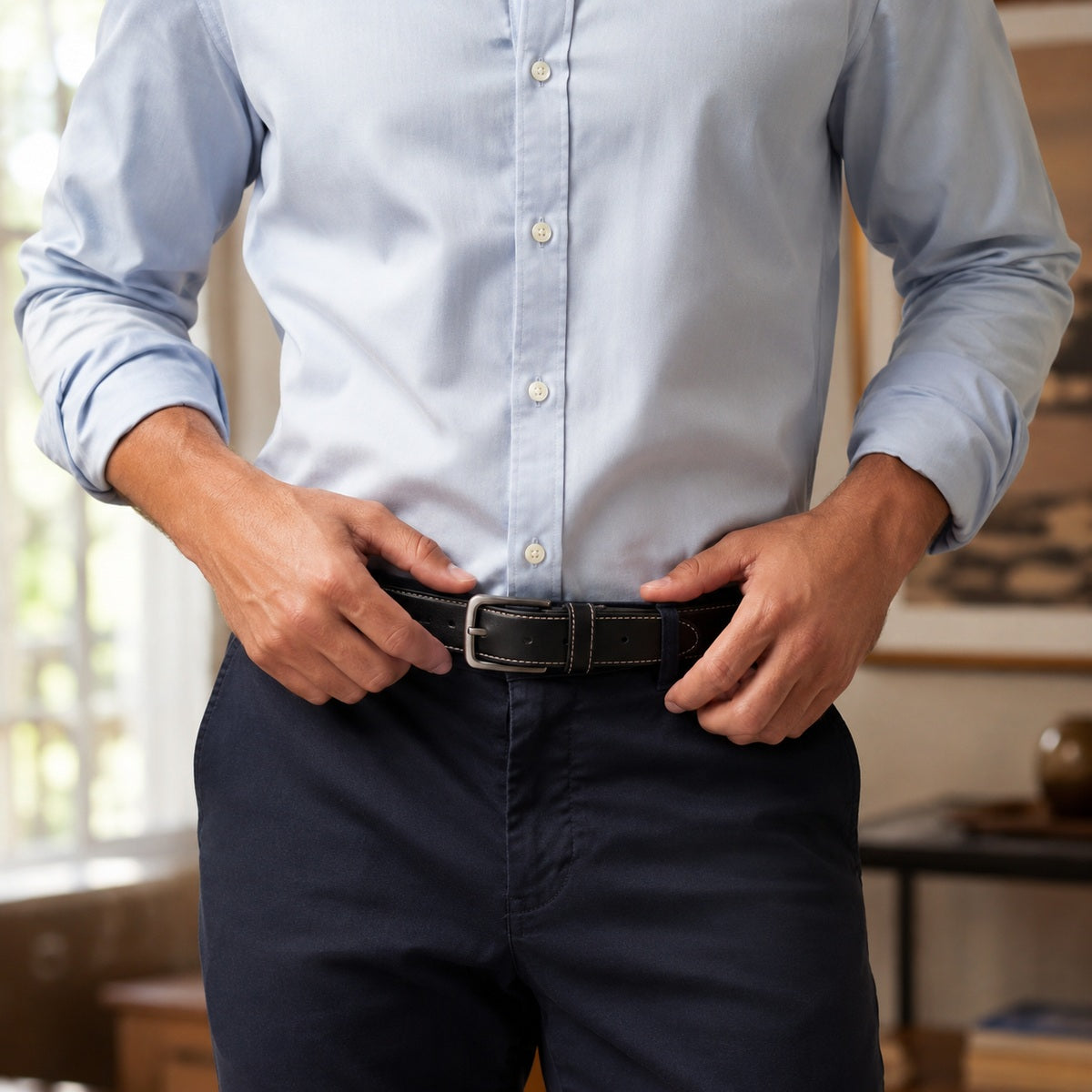 Man in a light blue shirt adjusting the Vanefield black leather belt indoors