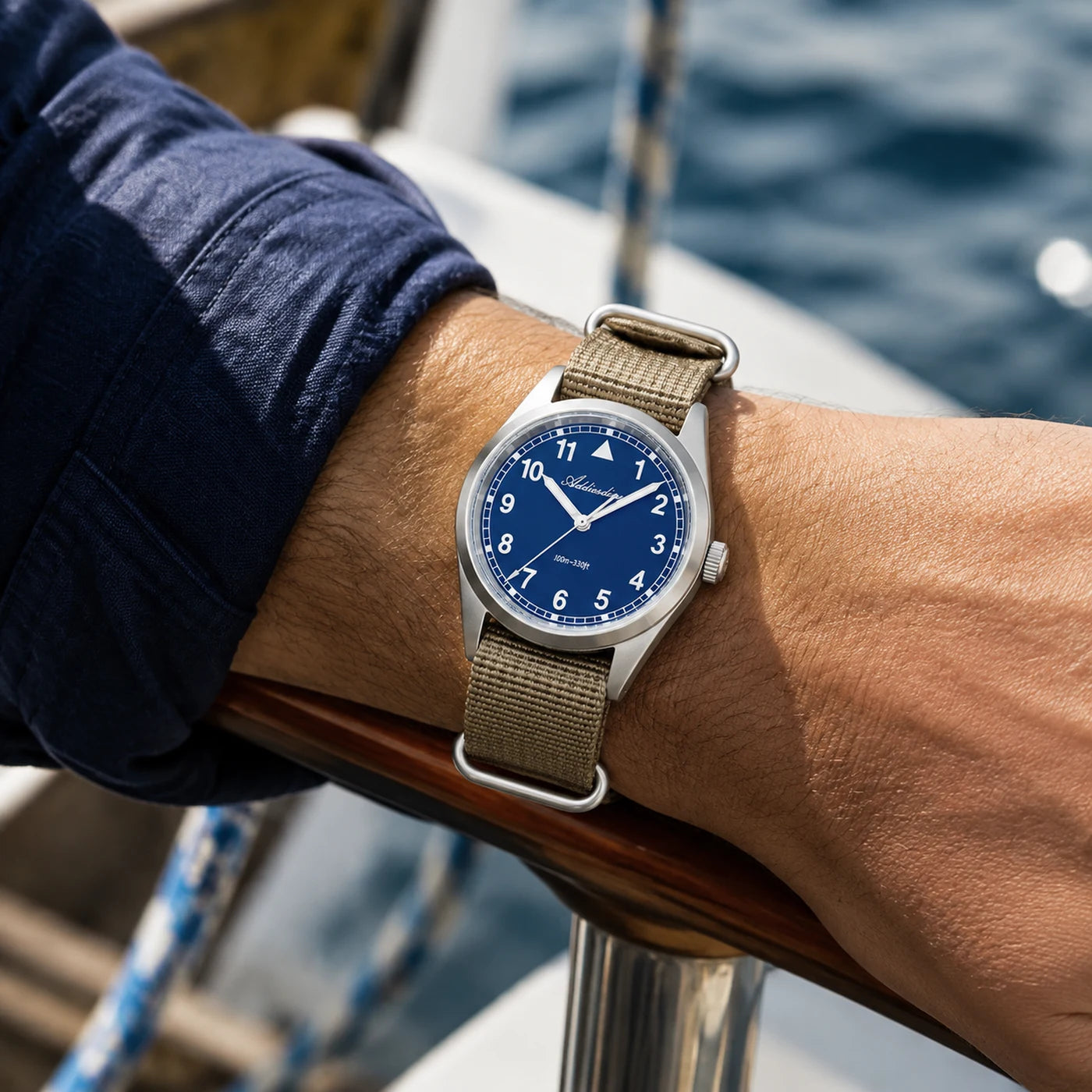 Vanefield Field Watch 38 Mariner with blue dial, worn by the water