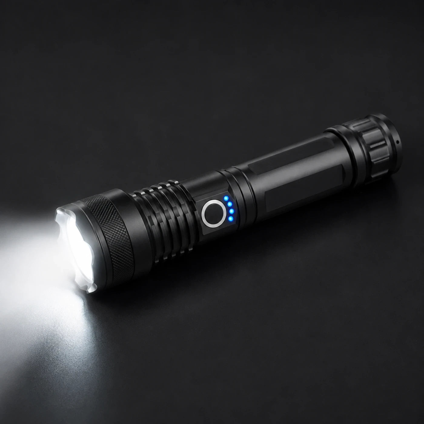 Vanefield LED flashlight switched on, studio three-quarter view