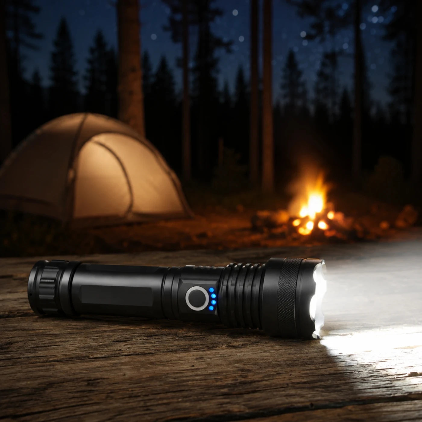 Vanefield LED flashlight lighting a campsite at night