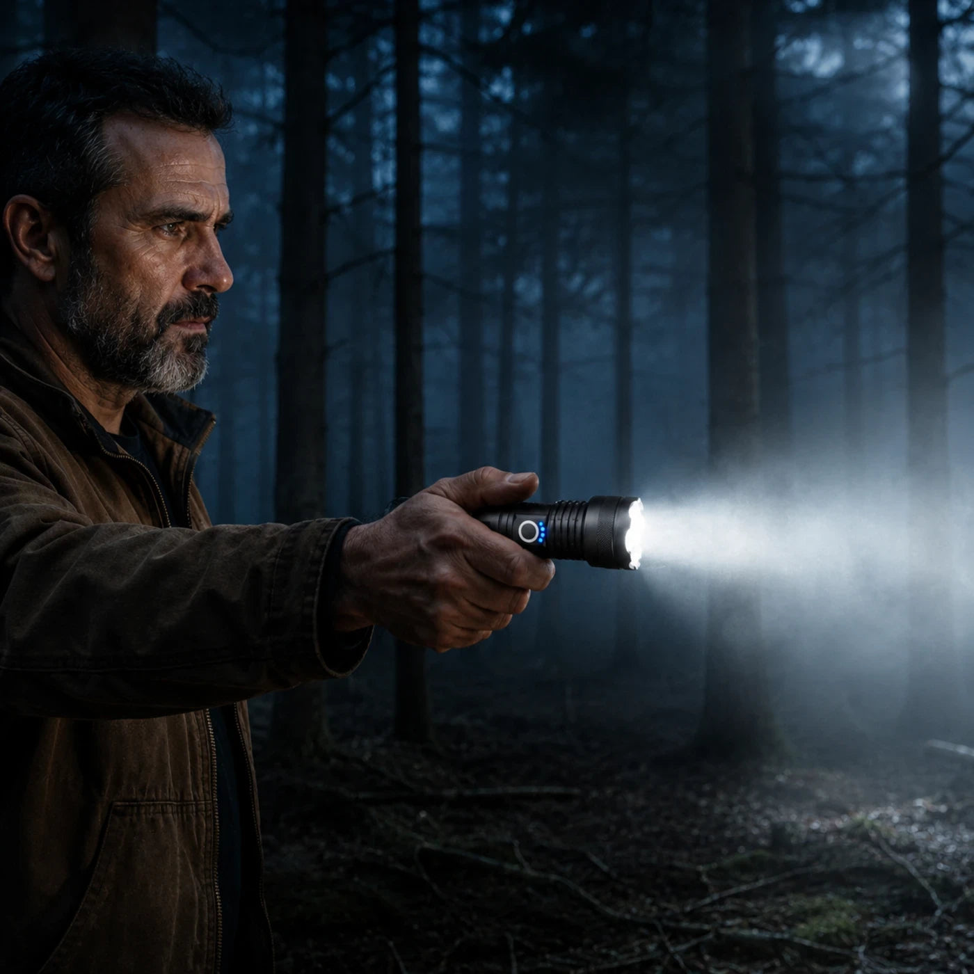 Explorer holding the Vanefield LED flashlight in a foggy forest