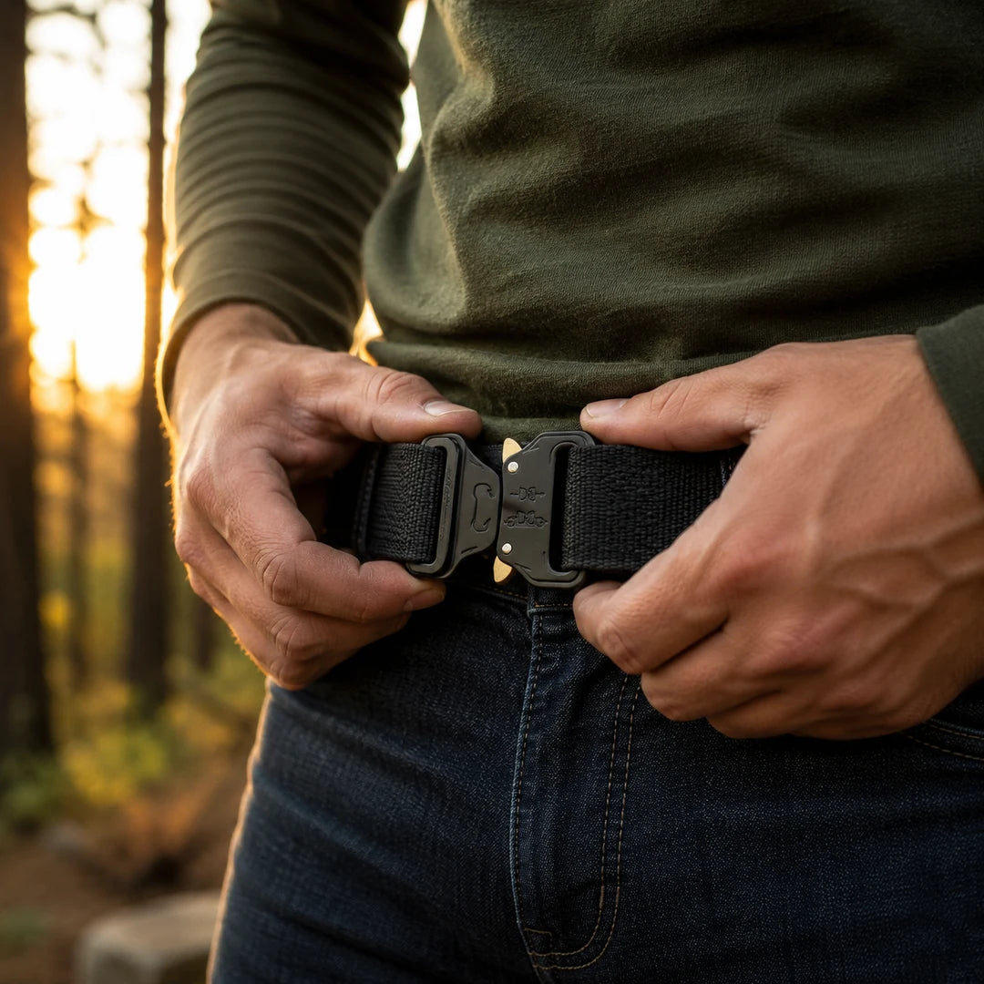 Hands closing the quick-release buckle of the Vanefield tactical belt