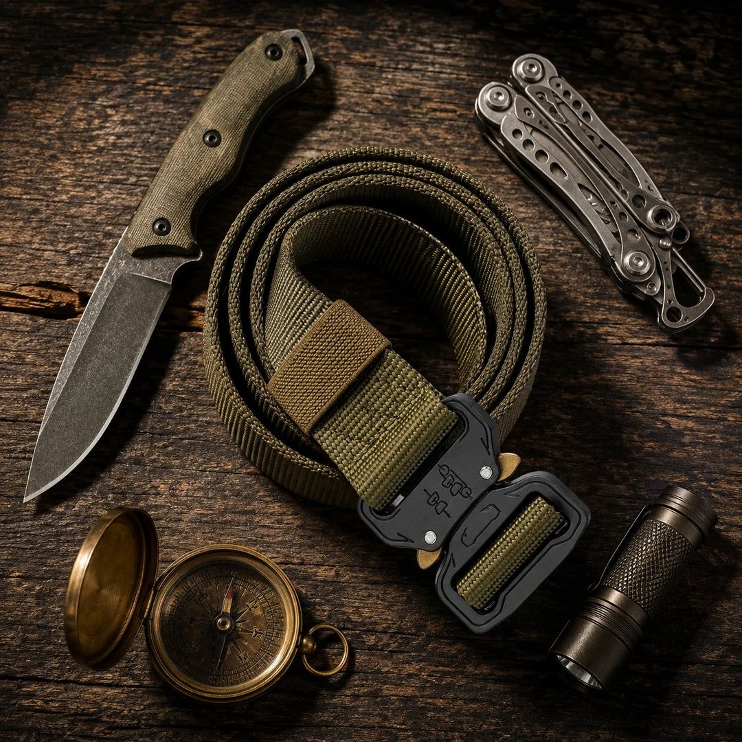 Vanefield tactical belt in green with a knife, multi-tool, compass and flashlight