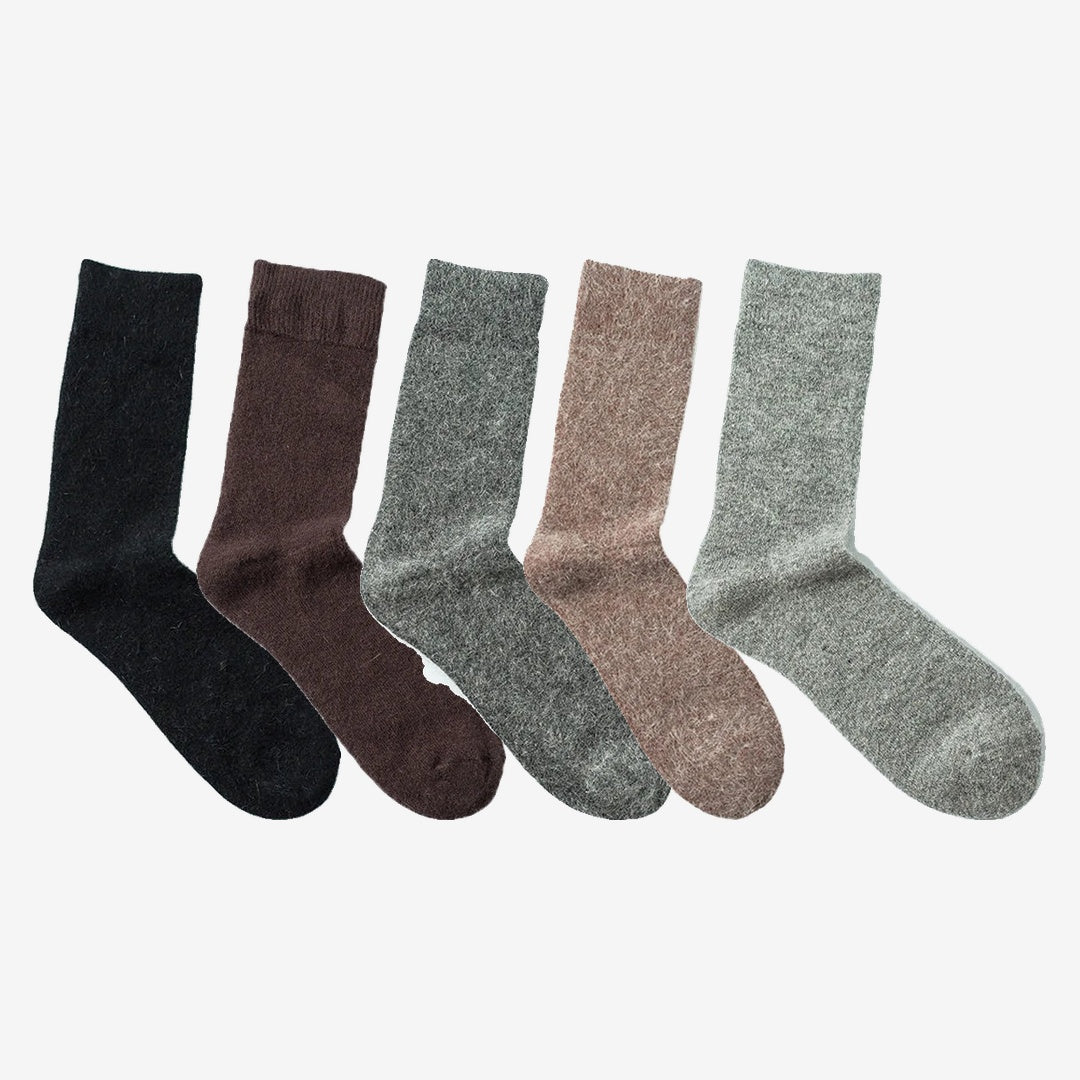 Vanefield knitted merino wool socks in five colours side by side