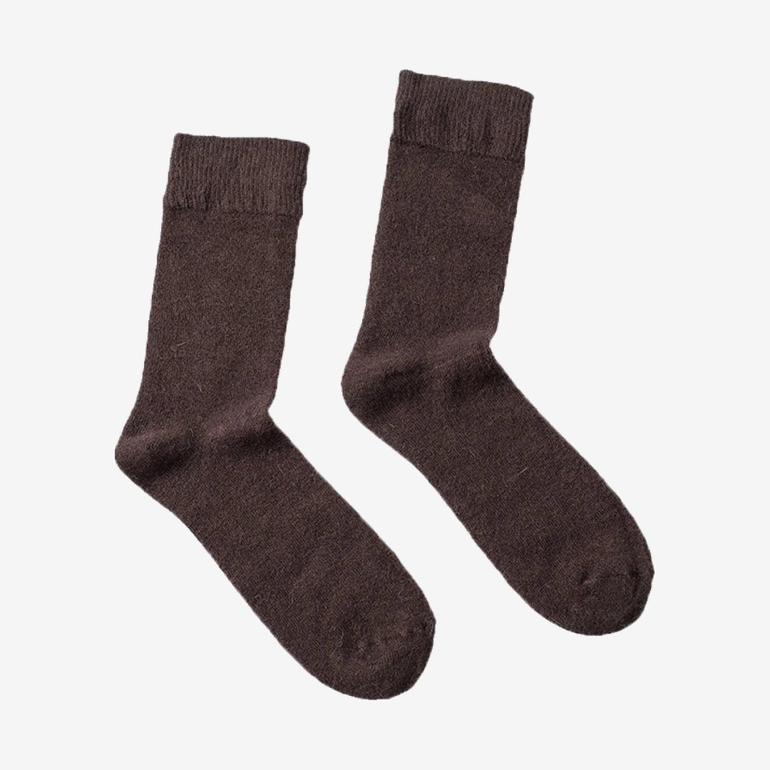 Vanefield knitted merino wool socks in brown, pair standing