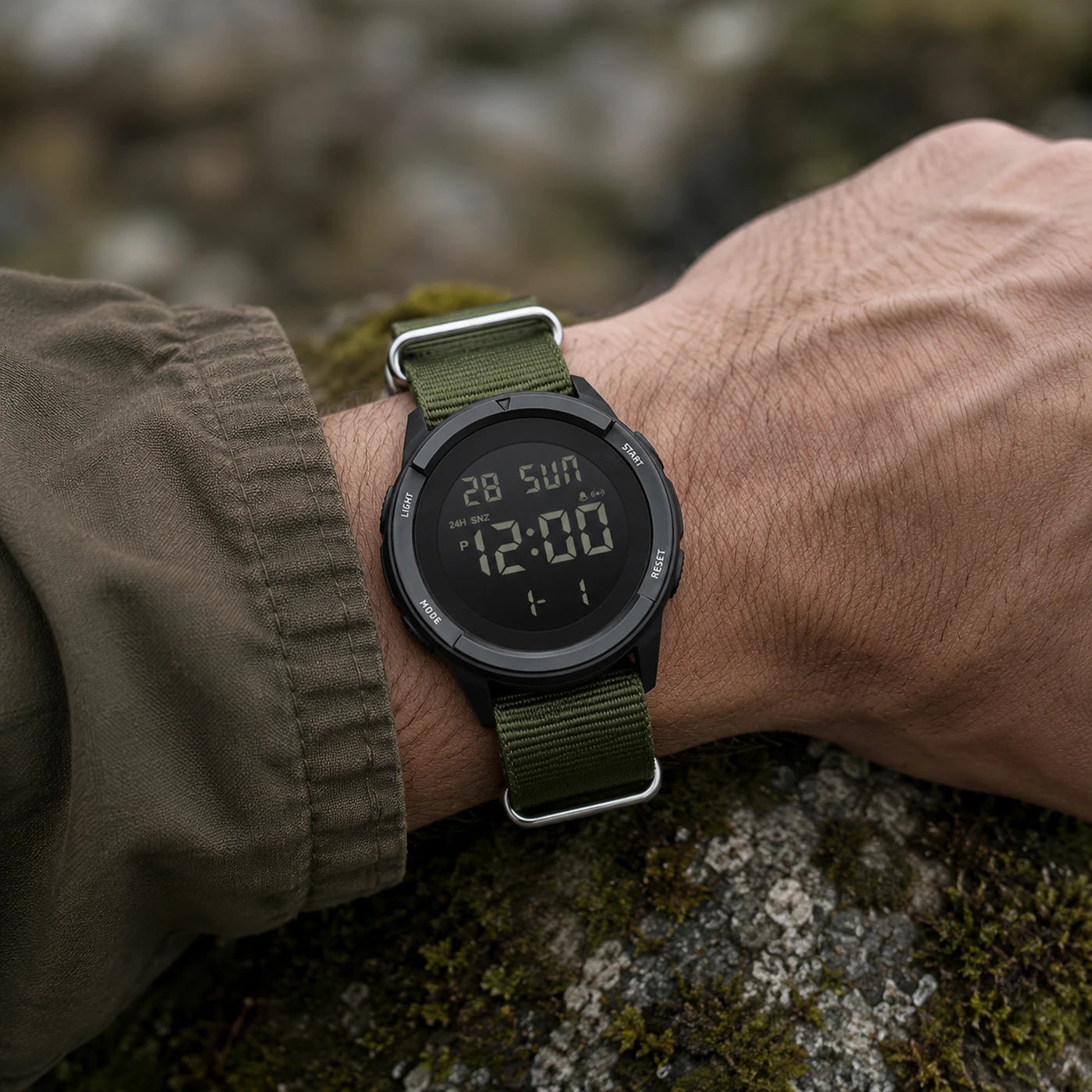 Vanefield Watch 45 with the green nylon strap, worn on the wrist outdoors