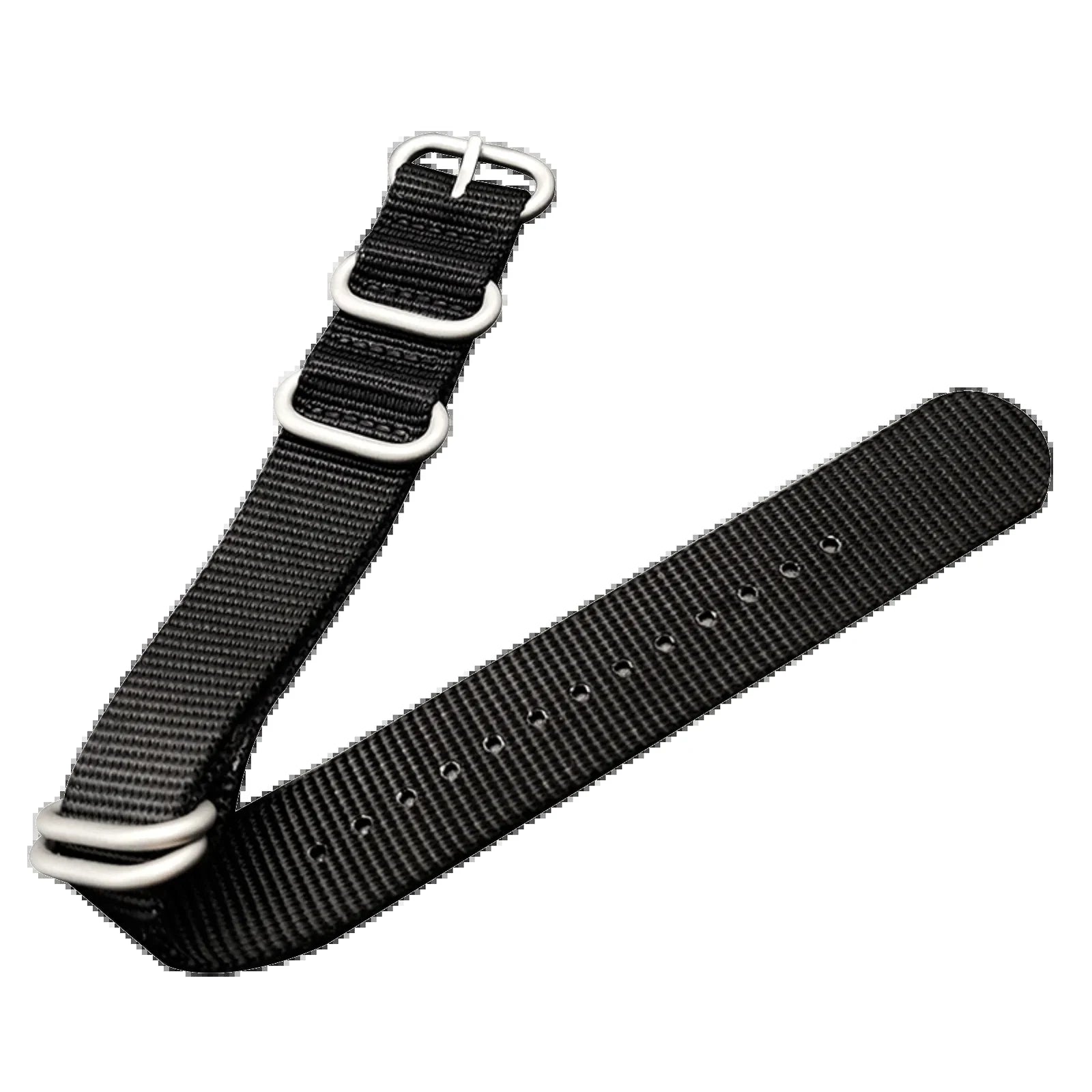 Black woven nylon watch strap with brushed metal rings, 20 mm, for the Vanefield Automatic 200M