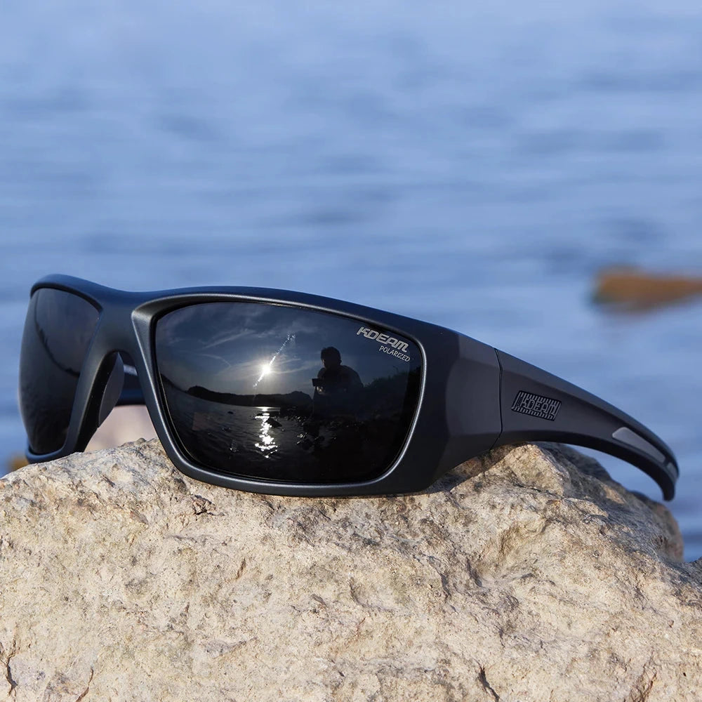 Vanefield polarized sunglasses resting on a rock by the water
