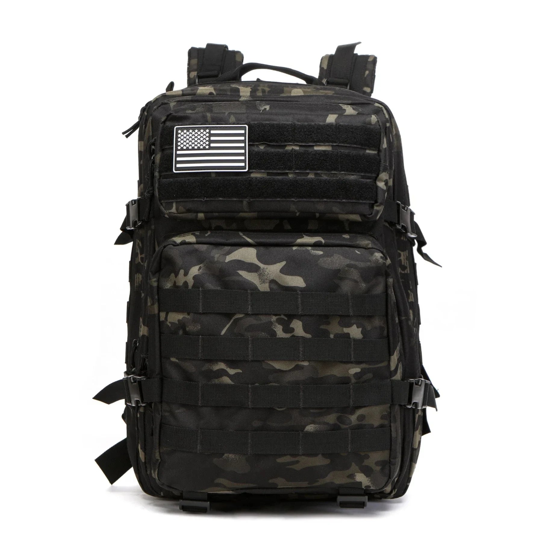 Gray camouflage tactical backpack, front view on a plain background