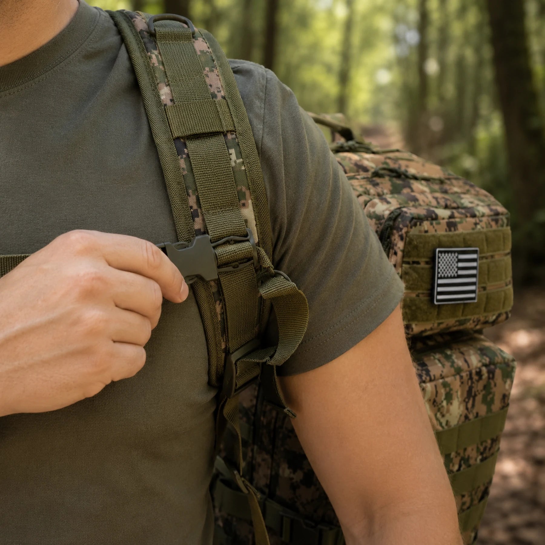 Hand adjusting the sternum strap of the tactical backpack on a forest trail