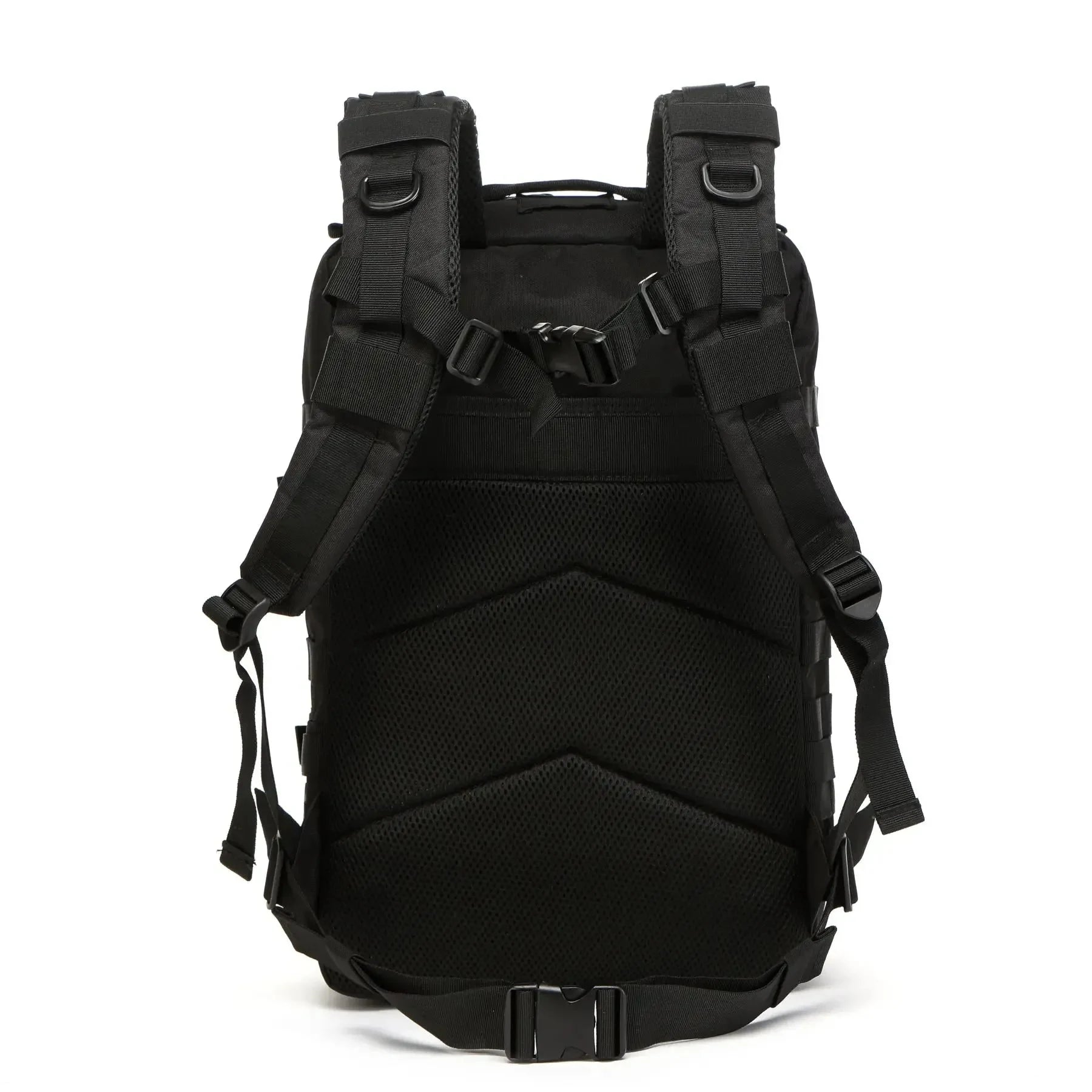 Back panel and padded shoulder harness of the tactical backpack