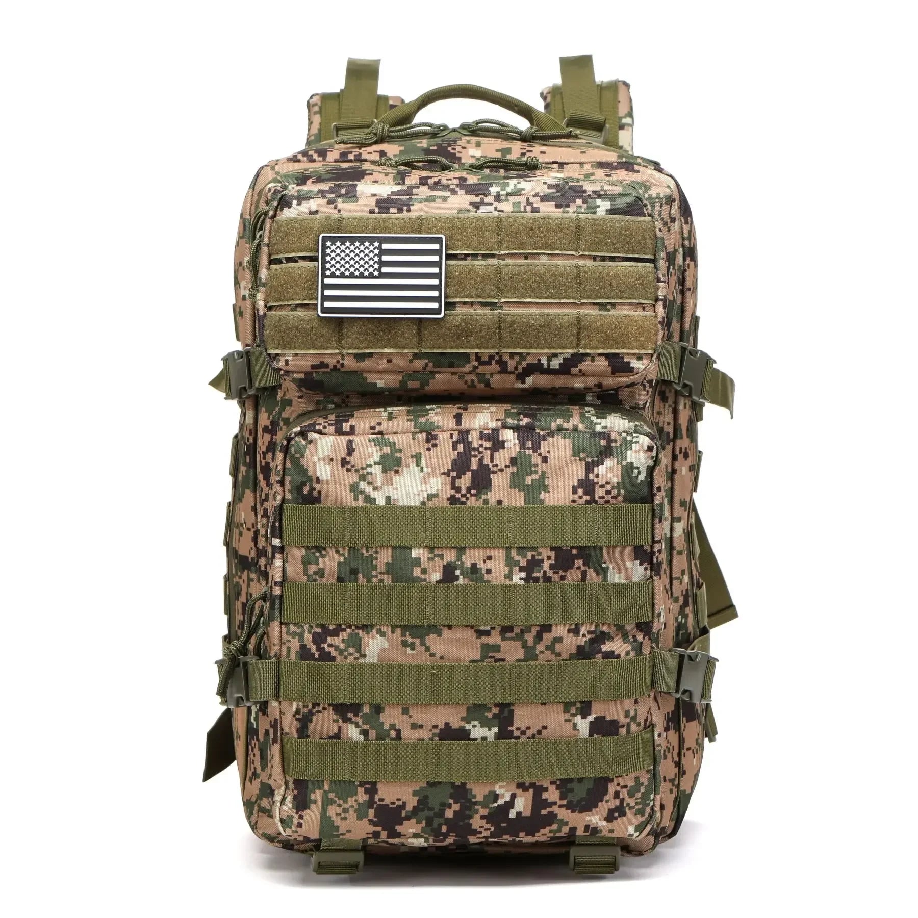 Jungle camouflage tactical backpack, front view on a plain background