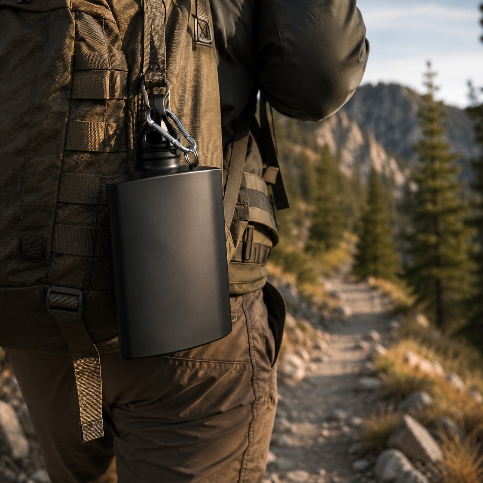 Vanefield Trail Bottle clipped to a hiking backpack on a mountain trail