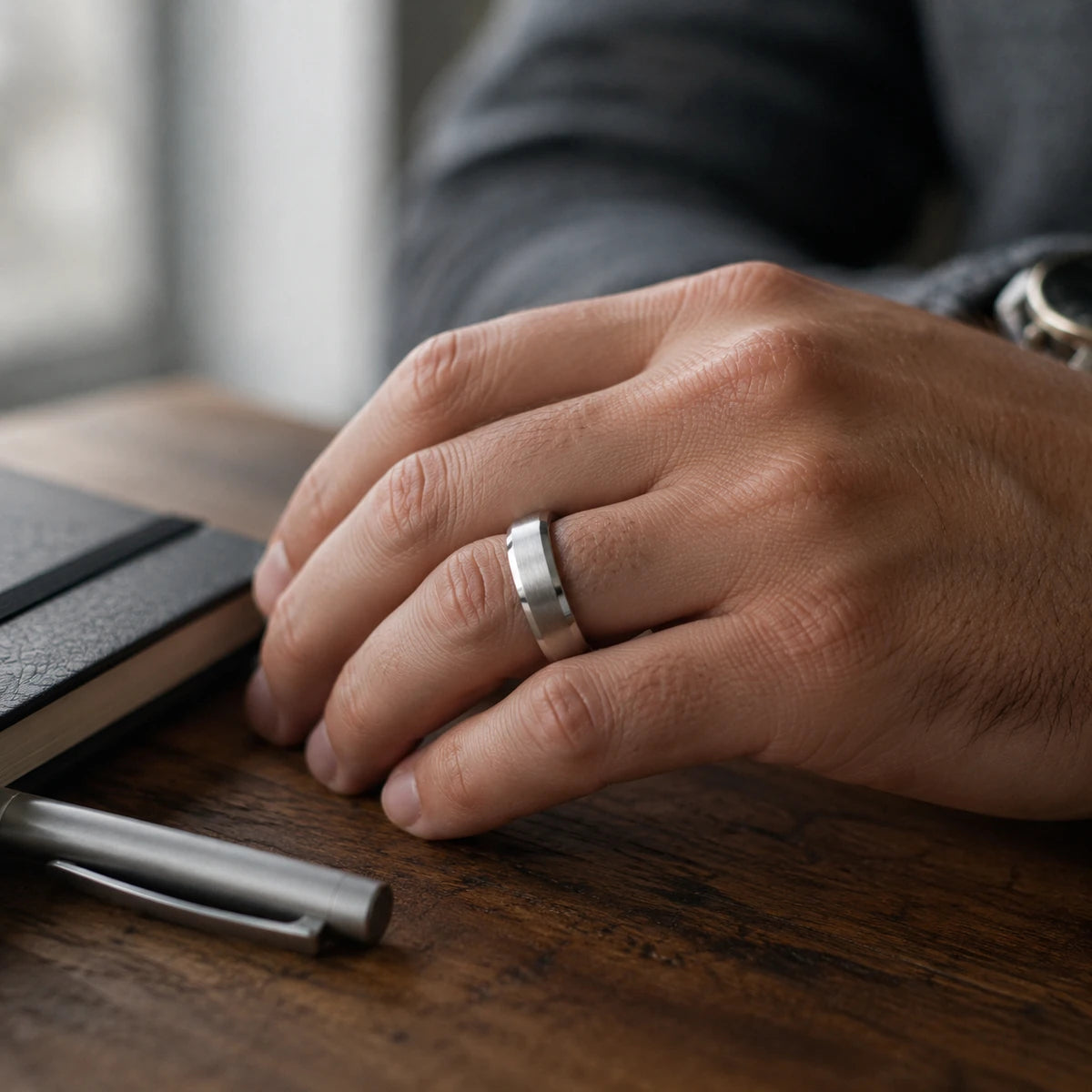 Man's hand on a wooden desk wearing the Vanefield Valor Ring in silver