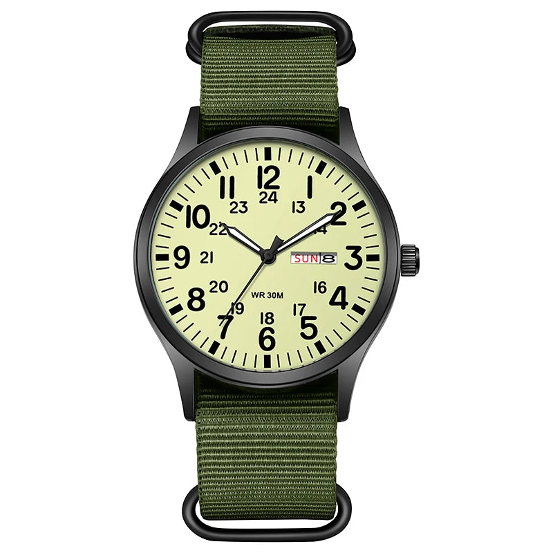 Vanefield Watch 4.1 Nomad, cream dial on olive NATO strap, front view
